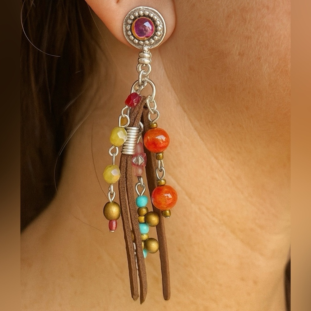 Treska Boho-Style Pierced Dangle Earrings Multi-Colored Beads Brown Suede Tassel